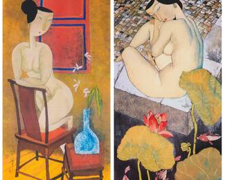 3342 Hu Yongkai (b. 1945) Two nude figural works Each: Photomechanical reproduction in colors on paper Two works: Each from an edition of unknown size and date Each with Chinese characters and seals printed as part of the image along the lower portion of the extreme left edge Sight of each: 10 3/8 x 5 1/8 in. Estimate: $100 - $150