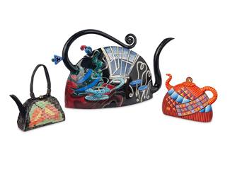 3083 Three studio ceramic teapots Three works: Karyn Kozak (20th21st Century) A polymer clay teapot, late 20th century With artist's cipher to underside Height 5 1/8 in., width 6 7/8 in., depth 1 7/8 in. Sayoko Becker (20th/21st Century) A purse-form teapot, 2001 Glazed ceramic, leather, metal Signed to one side: Sayoko Height 7 3/8 in., width 6 1/8 in., depth 2 1/2 in. Steven McGovney & Tammy Camarot (20th/21st Century) "It Takes Tea to Tango" teapot, 1995 Signed and dated: CAMAROT & MCGOVNEY '95 Height 10 1/4 in., width 17 in., depth 3 7/8 in. 3 pieces Estimate: $400 - $600