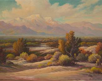 3271 John Anthony Conner (1892-1971) "View of Mt. San Jacinto" Oil on canvas Signed lower right: John Anthony Conner; titled and inscribed "Palm Springs, CA / B-37" on the stretcher; inscribed in another hand on the stretcher: "To my daughter Linda with love / 8/4/81 / Mother G.A." 26 x 36 in. Estimate: $500 - $700