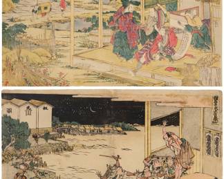 3284 Katsushika Hokusai (1760-1849) Two works: "Godanme," Act 6 from Kanadehon Chushingura ("The Treasury of Loyal Retainers / Forty-seven Ronin"), circa 1806 Woodcut in colors on laid paper From the edition of unknown size and date With black ink signatures and various Japanese characters.; Tsuruya, pub. Image/Sheet: 10 x 15 in "The Amakawaya Shop," Act 10 from Kanadehon Chushingura ("The Treasury of Loyal Retainers / Forty-seven Ronin"), circa 1806 Woodcut in colors on laid paper From the edition of unknown size and date With various Japanese characters; Tsuruya, pub. Image/Sheet: 10 1/4 x 15 1/4 in. Estimate: $300 - $500