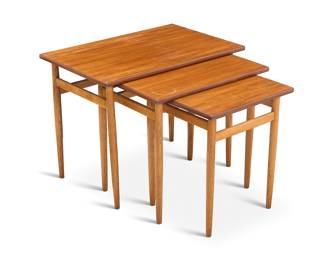 3123 A nest of three Modern teak tables Mid-20th century In graduated sizes Each unmarked 3 pieces Height of largest 18 3/4 in., width 24 in., depth 16 in.; height of shortest 17 1/4 in. Estimate: $200 - $400