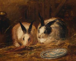 3300 20th Century Continental School "Two Rabbits" Oil on panel Signed with monogram indistinctly lower left; titled on a gallery label affixed verso 12 x 16 in. Estimate: $600 - $800
