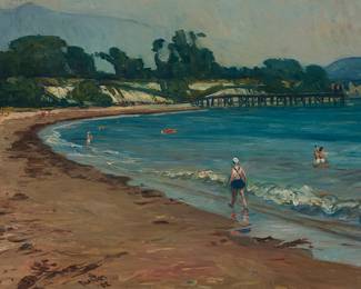 3038 Mentor Heubner (1917-2001) "Goleta Sea," 1952 Oil on Masonite Signed lower left: Huebner / '52; signed "Mentor Heubner," titled, and dated again, verso 18 x 28 in. Estimate: $500 - $700