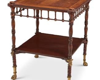 3289 An English Aesthetic two tier occasional table Late 19th century Raised on turned supports, with gold-toned metal paw feet and mask accents Height 28 1/2 in., width 23 1/2 in., depth 23 1/2 in. Estimate: $300 - $400