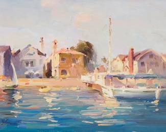3346 Calvin Liang (b. 1960) "Fun at Newport Beach" Oil on canvas Signed lower left: Calvin L.; signed "Calvin Liang" verso; titled by the gallery 9 x 12 in. Estimate: $500 - $700