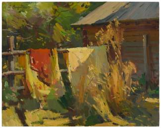3117 Sergei Bongart (1918-1985) Drying cloth Oil on canvas Signed upper left: S. Bongart; numbered "67" in ink on the stretcher 24 1/2 x 30 1/8 in. Estimate: $500 - $700