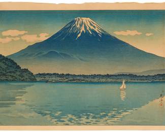 3246 Tsuchiya Koitsu (1870-1949) "Lake Shoji and Mt. Fuji," 1934 Woodcut in colors on Japanese laid paper From the edition of unknown size and date With the artist's signature "Kôitsu," and artist's seal "Shinseithe" and other black ink Japanese characters in the lower left and right margins Image: 9 5/8 x 14 1/2 in.; Sheet: 11 3/4 x 15 1/2 in. Estimate: $300 - $500