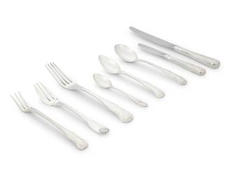 3282 A Kirk & Son sterling silver 'King' part flatware service Late 20th century Pattern introduced circa 1825 Comprising: 6 dinner knives (9 in.) 11 butter spreaders (6 1/8 in.) 3 dinner forks (7 1/4 in.) 6 salad forks (5 7/8 in.) 7 cocktail forks (5 7/8 in.) 5 cream soup spoons (6 1/8 in.) 7 teaspoons (5 3/4 in.) Each with factory mark and marked for sterling Together with 1 associated electroplated demitasse spoon (4 1/2 in.) 46 pieces Total weighable sterling 30.6 oz. troy approximately Estimate: $1,200 - $1,800