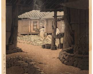 3422 Kawase Hasui (1883-1957) "Chosen Chiizan Senonji" ("Chunum Temple on Chiri Mountain in Korea") from the series "Zoku Chosen fukei" ("Korean Views Supplement"), 1939 Woodcut in colors on paper From the edition of unknown size and date With the printed black ink signature, the artist's red ink seal in the image at lower right and a Watanabe seal in the image at the lower left; with other printed Japanese inscriptions in the left margin Image: 14 3/8 x 9 5/8 in.; Sheet: 15 1/4 x 10 1/2 in. Estimate: $300 - $500