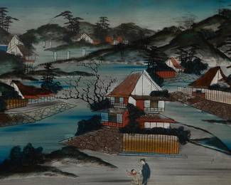 3360 A Japanese reverse-painted glass landscape view, circa 20th century Mixed media on glass (possibly double layers), including paint, gold paint (likely mixed with ground mother of pearl or other ground shells), and two collaged color woodcut paper figures in the foreground Appears unsigned Sight: 15 1/2 x 23 3/4 in. Estimate: $300 - $500