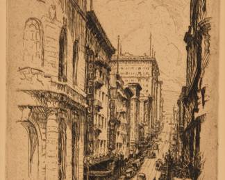 3119 Frederick Robbins (1893-1974) "Powell Street, San Francisco," c. 1929 Etching on paper From the edition of unknown size Signed and titled in pencil the lower margin: Fredrick Robbins Plate: 9 3/4 x 5 7/8 in.; Sight: 10 1/2 x 6 1/2 in. Estimate: $100 - $150