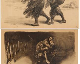 3351 Theophile Alexandre Steinlen (1859-1923) Two works: "Les Deux Amis," 1917 Lithograph on paper Edition: 8/100 Signed as part of the image; numbered in pencil in the lower right margin with the artist's remarque in the lower left Image: 11 /14 x 18 1/4; Sight: 14 3/4 x 19 3/4 in. "L'Exode Serbe," 1915 Lithograph on Arches paper Edition: 181/400 Signed and dated as part of the image; numbered in pencil lower right Image: 13 1/8 x 21 in.; Sight: 13 3/4 x 21 1/2 in. Estimate: $150 - $250