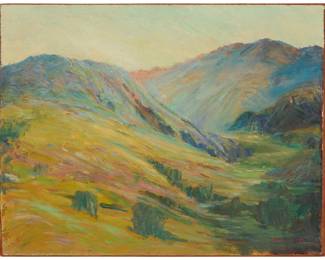 3057 George Kennedy Brandriff (1890-1936) Lush rolling hills Oil on canvas mounted to panel Signed lower right: G.K. Brandriff 14 1/8 x 18 1/8 in. Estimate: $1,000 - $2,000