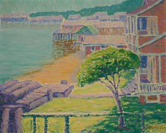 3296 August Burklund 1879-1927 A coastal village Oil on canvas Signed lower right: A. Burklund 18 x 22 in. Estimate: $500 - $700