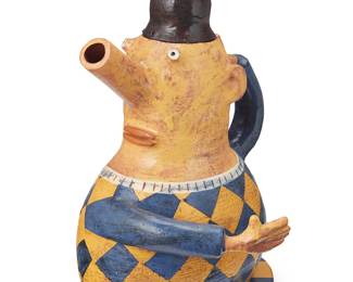 3090 Kim Murton (20th/21st Century) A glazed ceramic figural teapot, late 20th/early 21st century On a conforming heat dish Each signed to underside: MURTON 2 pieces Height overall 10 7/8 in., width 7 3/4 in., depth 6 3/8 in. Estimate: $100 - $200