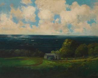 3318 Julian Rix (1850-1903) Atmospheric skyline with cabin, 1898 Oil on canvas laid to waxed canvas Signed and dated lower right: Julian Rix 98 21 3/8 x 34 3/8 in. Estimate: $2,000 - $3,000
