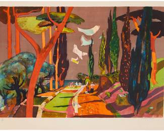 3146 Millard Sheets (1907-1989) "Field," circa 1977 Lithograph in colors on Arches paper Edition: 49/250 Signed and numbered in pencil in the lower corners: Millard Sheets; Circle Fine Art, Chicago, IL, pub., with their blindstamp in the lower left margin corner Image: 20 1/4 x 30 1/2 in.; Sheet: 25 1/2 x 35 3/8 in. Estimate: $300 - $500