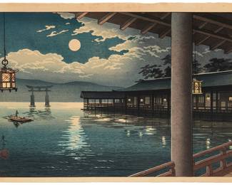 3158 Tsuchiya Koitsu (1870-1949) "Summer Moon at Miyajima," 1936 Woodcut in colors on Japanese wove paper From the edition of unknown size and date With the artist's signature "Kôitsu," and artist's seal "Shinseithe" and other black ink Japanese characters in the lower left and right margins; Ikeda/Onohiko, prntr.; Doi Hangaten, pub. Image: 10 3/8 x 15 5/8 in.; Sheet: 11 3/8 x 16 1/4 in. Estimate: $300 - $500