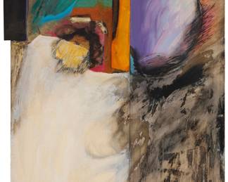3281 Stanley Grosse (b. 1930) Untitled, abstract Mixed media including acrylic, pastel, ink, and paper collage on paper Signed in pencil and with the artist's monogram chopmark and blindstamp lower right: Grosse; with the artist's copyright stamp on the frame's backing paper Image/Sheet: 40 x 27 1/2 in. Estimate: $400 - $600