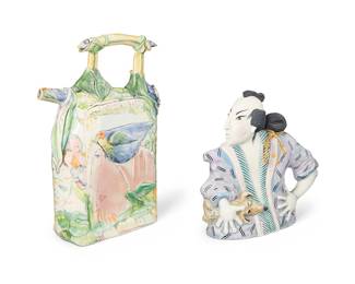 3077 Two studio ceramic teapots Two works: Tom Hatton (b. 1955) A samurai teapot, 1994 Painted ceramic Signed, dated, and inscribed to underside: © Hatton / U.S.A. Height 7 in., width 6 5/8 in., depth 2 7/8 in. Gerry Wallace (b. 1943) "Tea 4 a Flock" (teapot), late 20th century Glazed ceramic Signed and titled to underside: Gerry Wallace Height 9 7/8 in., width 7 3/4 in., depth 2 3/4 in. 2 pieces Estimate: $200 - $400