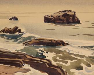 3171 Milford Zornes (1908-2008) A rocky coast with calm waters, 1950 Watercolor on paper Signed and dated lower left: Milford Zornes 50 Sight: 8 1/4 x 15 1/2 in. Estimate: $400 - $600