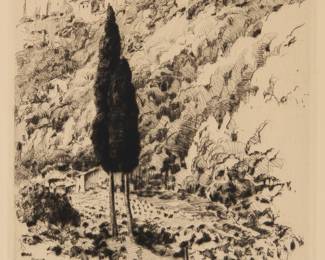 3184 Alonzo Chathem Webb 1888–1975 "Deux Cypress, Gassin, Provence," 1926 Etching on wove paper From the edition of unknown size Signed, titled, and inscribed in pencil in the lower margin: A.C. Webb / To Mrs Babauch with all / my best wishes Plate: 9 x 5 3/4 in.; Sight: 10 x 6 1/4 in. Estimate: $100 - $150