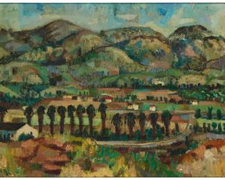 3260 Robert Frame (1924-1999) "Landscape," 1952 Oil on canvas Signed lower left: R. Frame; signed "Robert Frame," titled, and dated "1952," all on the frame's verso 20 1/4 x 33 1/2 in. Estimate: $500 - $700