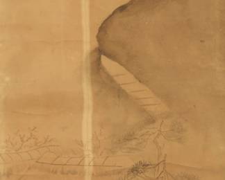 3194 In the style of Katsushika Hokusai (1760-1849) Village scene Watercolor and ink on paper Bears signature and seal of the artist, presumably in another hand, in the lower portion of the right edge Sight: 47 3/4 x 18 1/2 in. Estimate: $400 - $600