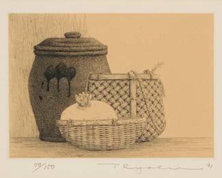 3108 Ryohei Tanaka (1933-2019) "Baskets," 1991 Etching in black and tan ink on wove paper Edition: 70/150 Signed, dated, and numbered in pencil in the lower margin: T. Ryohei '91; titled in ink on a label affixed to the frame's backing paper Plate: 3 1/2 x 5 in.; Sight: 4 1/8 x 5 3/8 in. Estimate: $200 - $300