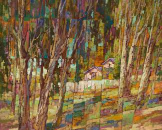 3231 Ervin Darai (20th Century) "Among Eucalyptus Trees" Acrylic on canvas Signed lower left: E. Darai; titled on an emboss-typed label affixed to the stretcher 40 x 32 in. Estimate: $500 - $700
