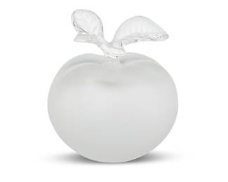 3173 A Lalique glass 'Grande Pomme' apple perfume bottle for Nina Ricci Mid-20th century Designed 1952 to contain the Nina Ricci Fragrance "Fille d' Eve" Etched: Lalique France Height 5 1/2 in., width 5 in., depth 4 7/8 in. Estimate: $200 - $300