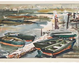 3419 Maurice Logan (1886-1977) Rowboats in a harbor Watercolor on Arches paper Signed lower left: Maurice Logan Image: 17 1/4 x 27 3/4 in.; Sheet: 19 1/2 x 30 1/2 in. Estimate: $700 - $900