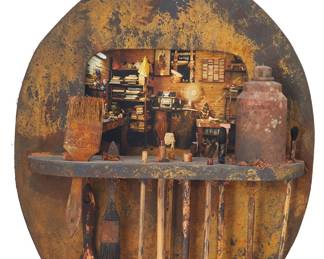 3247 20th/21st Century American School Artist's studio wall sculpture Paint brushes, palette, mixed media Unmarked Height 31 1/2 in., width 17 1/2 in., depth 5 in. Estimate: $300 - $500