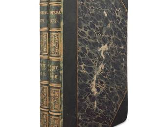 3417 Matthew Digby Wyatt (1820-1877) "The Industrial Arts of the Nineteenth Century," 1853 Hardcover book in two large folio volumes Wyatt, Matthew Digby. "The Industrial Arts of the Nineteenth Century: A Series of Illustrations of the Choicest Specimens Produced by Every Nation at the Great Exhibition of Works of Industry." London: Day and Son, 1853 First Edition Thus, with the first printing having been issued in 40 installments to subscribers Bound in half green leather with gilt-stamped spines and marbled boards Height 20 1/4 in., width 14 in., combined depth 4 in. Estimate: $300 - $500