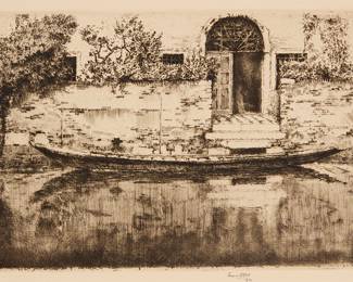 3144 Ernest David Roth (1879-1964) "Reflections, Venice," 1906 Etching in brown-black ink on laid paper Signed and dated in pencil above the lower plate mark: Ernest D. Roth / 1906 and titled "'Reflections' - Venice - 1906" in the lower left margin, under the mat Plate: 6 x 9 1/2 in.; Sheet: 8 5/8 x 15 3/4 in. Estimate: $100 - $150