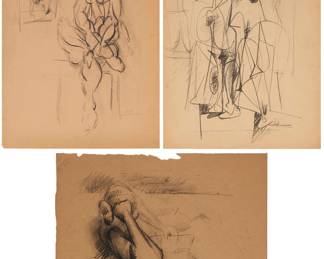 3032 Hans Burkhardt (1904-1994) Three works: Seated nude, 1954 Charcoal on beige paper Signed and dated in pencil, and with the artists embossed monogram, all lower right: H. Burkhardt / 1954 Sheet: 24 1/4 x 18 1/8 in. Figurative abstract, 1952 Charcoal on beige paper Signed and dated in pencil, and with the artists embossed monogram, all lower right: H. Burkhardt / 1952 Sheet: 24 1/4 x 18 1/8 in. Nude reading, 1948 Charcoal on brown paper Signed and dated in pencil, and with the artists embossed monogram, all lower right: H. Burkhardt / 1948 Sheet: 18 1/4 x 24 1/8 in. Estimate: $400 - $600