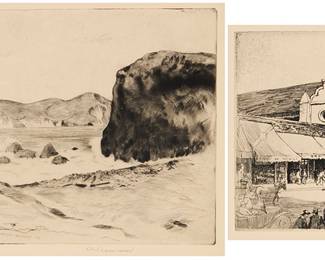 3421 Two prize-winning etchings from the Society of California Etchers Two pieces: Lawrence Norris Scammon (1872-1947) "Golden Gate, San Francisco," 1927 Etching on wove paper From the edition of unknown size Signed in pencil in the lower margin: L.N. Scammon; signed, titled, and dated in the plate Plate: 9 1/4 x 13 3/4 in.; Sheet: 12 x 16 1/8 in. Arthur Millier (1893-1975) "Our Lady Queen of the Angels," 1928 Etching on wove paper From the edition of unknown size Signed in pencil in the lower margin: Arthur Millier; titled on a label accompanying the lot Plate: 7 3/8 x 8 1/4 in.; Sheet: 12 7/8 x 12 1/8 in. Estimate: $200 - $300
