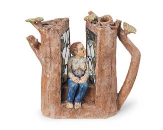 3062 Marilyn Andrews (1942-2019) "Teapot: Mirrors," 2002 Slab-built and sculpted glazed ceramic and glass mirror shards Signed and dated: MARILYN ANDREWS Height 11 1/3 in., width 11 7/8 in., depth 6 in. Estimate: $200 - $400