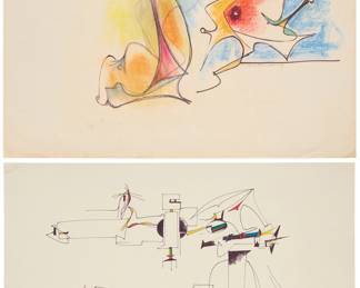 3172 Hans Burkhardt (1904-1994) Two works: Abstract, 1959 Pastel and ink on paper Signed and dated in pencil, lower right: H. Burkhardt 59 Sheet: 19 1/4 x 25 1/4 in. Abstract composition, 1969 Ink in black and colors on paper Signed, dated, and inscribed in pencil along the lower edge: H. Burkhardt 69 / To my friends Lori and Arnold from Hans; and with the artist's embossed monogram "HB" lower right Sheet: 13 1/4 x 20 1/8 in. Estimate: $300 - $500