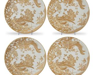 3347 A set of four Royal Crown Derby porcelain 'Gold Aves' service plates Date codes for 2005 Each with various red printed factory marks above pattern name, number 'A.1235,' and date code 4 pieces Diameter of each 12 1/8 in. Estimate: $400 - $600