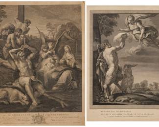3423 Two late 18th / early 19th century Engravings Two works: After Annibale Carracci (1560-1609) "The Adoration of the Shepherds," drawn by Richard Earlom (1743-1822) and engraved by Francois Aliamet Germain (1734-1790), 1764 Engraving on paper From the edition of unknown size and date With the names of the painter, draftsman, engraver, and publisher, together with the title, publication date, and other text, all engraved within the blank of the plate below the image; John Boydell, London, England, publisher Sight: 20 3/8 x 15 1/2 in. After Annibale Carracci (1560-1609) "Munere Sic Niveo Lanae Pan Deus Arcadiae Captam te Luna Fefellit," engraved by Domenico Marchetti (1780-1844) Engraving on paper From the edition of unknown size and date With the names of the painter and engraver, together with the title and location of the original painting, all engraved within the blank of the plate below the image Plate: 17 1/2 x 12 1/2 in.; Sight: 18 1/8 x 12 3/4 in. Estimate: $300 - $500