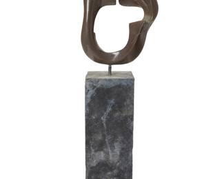 3125 A Modern abstract sculpture Late 20th/early 21st century The possibly fiberglass hollow form painted with a bronze tone, raised on a textured fiberglass plinth Unmarked Form height 30 1/2 in., width 21 in., depth 16 1/2 in.; height of plinth 39 in., width 13 in., depth 13 in. Estimate: $600 - $800