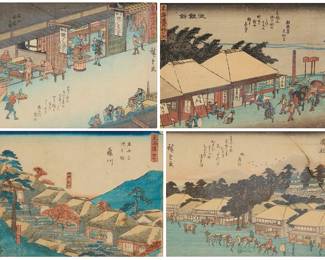 3398 Utagawa Hiroshige I Four works: "Kuwana: The Post station at Tomita," from the "Fifty-three Stations of the Tokaido" series Woodcut on paper From the edition of unknown size and date With the black ink signature and various Japanese characters Sight: 6 x 8 in. "Chiryu," from the "Fifty-three Stations of the Tokaido" series Woodcut on paper From the edition of unknown size and date With the black ink signature and various Japanese characters Sight: 6 x 8 in. "The Yamanaka Rest Stop at Fujikawa," from the "Fifty-three Stations of the Tokaido" series Woodcut on paper From the edition of unknown size and date With the black ink signature and various Japanese characters Sight: 6 x 8 in. "Hamamatsu," from the "Fifty-three Stations of the Tokaido" series Woodcut on paper From the edition of unknown size and date With the black ink signature and various Japanese characters Sight: 6 x 8 in. Estimate: $200 - $300