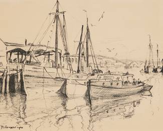 3162 Emile Albert Gruppé (1896-1978) Sailboats at a New England dock, 1941 Charcoal on paper Signed and dated lower left: Emile A. Gruppé 1941 Sight: 9 1/4 x 13 1/4 in. Estimate: $300 - $500