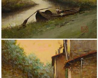 3272 Luca Andrea Guizzardi (b. 1959) Two works: European scenes with figures Each: Oil on board Each: Signed with monogram lower left or lower right: LAG; signed "Guizzardi" verso Each: 9 1/2 x 11 3/4 in. Estimate: $400 - $600