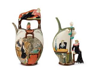 3073 Sayoko Becker (20th/21st Century) Two glazed ceramic figural teapots, late 20th/early 21st century Each signed: Sayoko 2 pieces Height of taller 14 in., width 8 in., depth 3 1/8 in.; height of shorter 11 7/8 in., width 7 7/8 in., depth 2 3/4 in. Estimate: $100 - $200