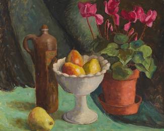 3408 Virginia Woolley (1884-1971) Still life Oil on Masonite Signed lower right: Virginia Wooley; signed verso: "V. Wooley" 20 1/8 x 24 1/8 in. Estimate: $1,000 - $1,500