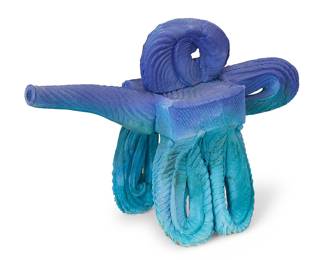 3071 Lana Wilson (b. 1941) A studio ceramic teapot, late 20th century With an ombre turquoise to electric blue coloration Incised to underside: Lana Height 11 in., width 16 1/2 in., depth 6 in. Estimate: $200 - $400