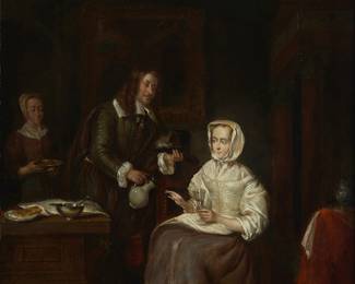 3251 After Gabriel Metsu (1629-1667) "The Courteous Company" Oil on panel Unsigned 19 x 16 1/4 in. Estimate: $400 - $600