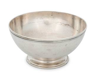 3137 A Tiffany & Co. sterling silver bowl Directorship of John C. Moore II (1907-1947) Marked for With impressed factory marks and: 21483 / STERLING / 7062 / M Height 2 7/8 in., diameter 5 5/8 in. 9 oz. troy approximately Estimate: $300 - $500